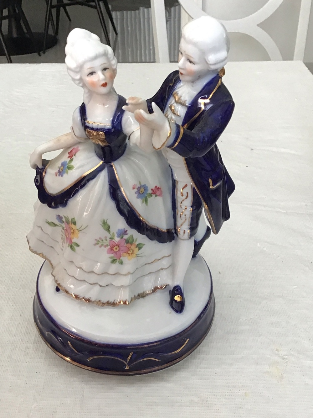 Porcelain Dancing Couple Figurine in White and Deep Blue with Gold Accents #146